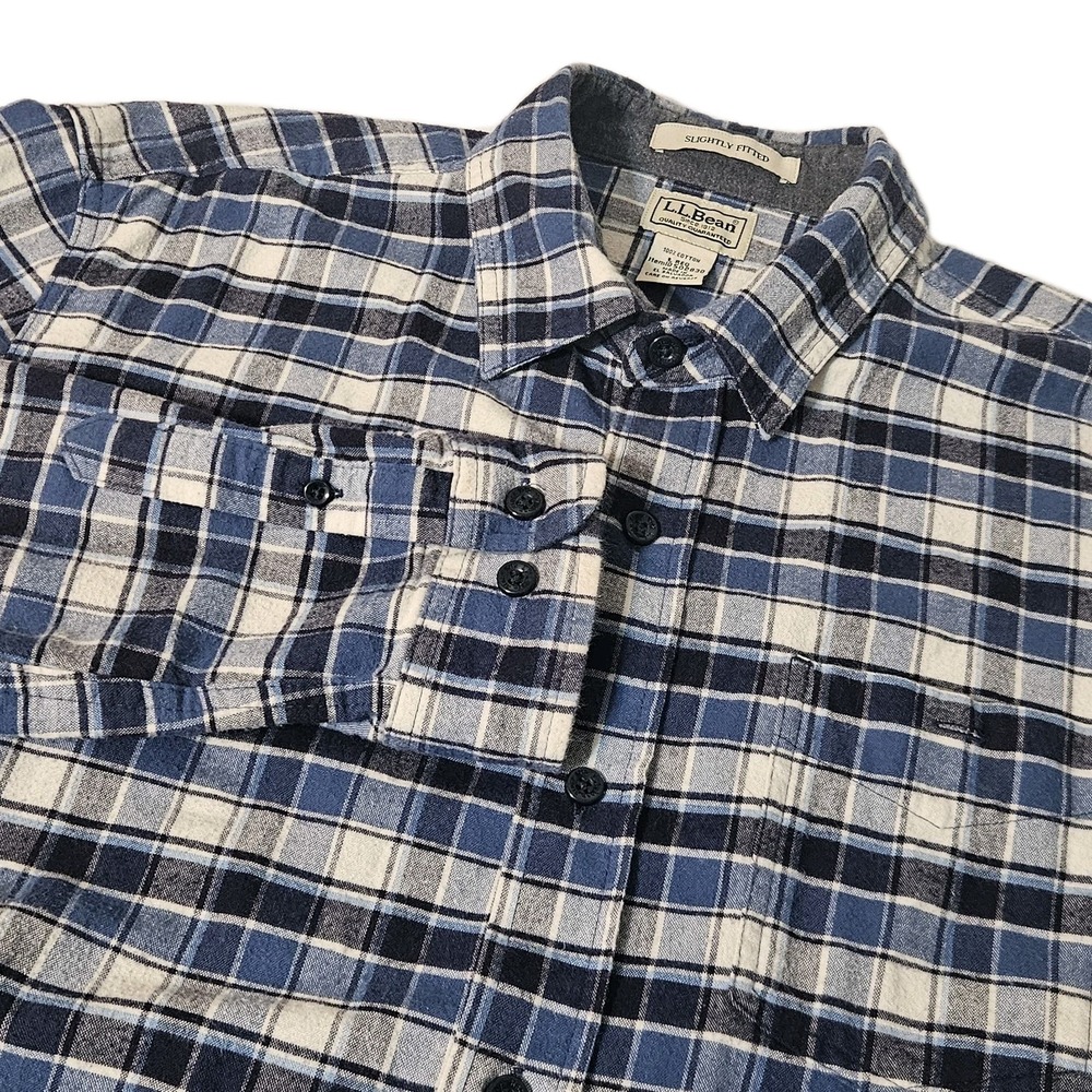 VTG LL BEAN Shirt Mens L Herringbone Flannel Plaid Slightly Fitted Cotton Blue L